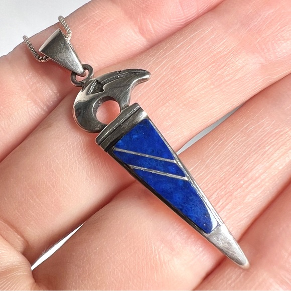 VINTAGE Southwestern Lapis & Sterling Silver Spirit Bear Pendant Necklace Unisex - Picture 7 of 8